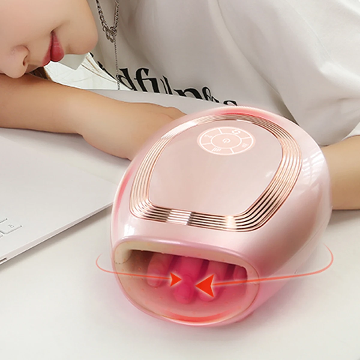

Hand massager with compression and heating functions, adjustable strength, suitable for office, home, and elderly use as a palm