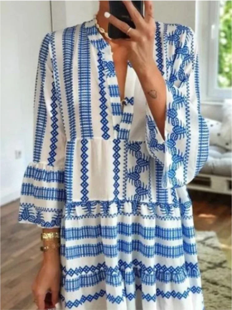 แฟชั่น Boho ฤดูร้อนชุดยาวผู้หญิงพิมพ์ลายลึก V คอยาวแขนยาวสีฟ้า Maxi ชุดหญิง Vestidos
