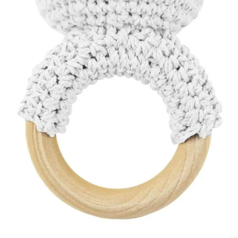 97BE Baby Teether Wooden Ring Cotton Thread Crochet Animal Rattle Knitted Hand
