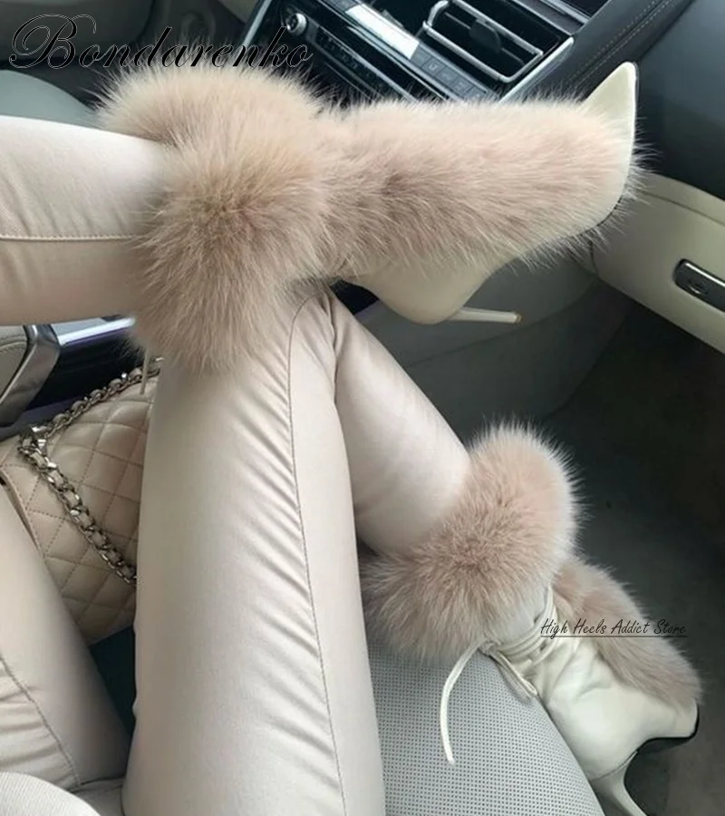 White\\Beige Fur Mid Calf Boots Women High Heels Pointed Toe 2024 New in Winter Warm Boot Luxury Designer Big Size Sexy Shoes