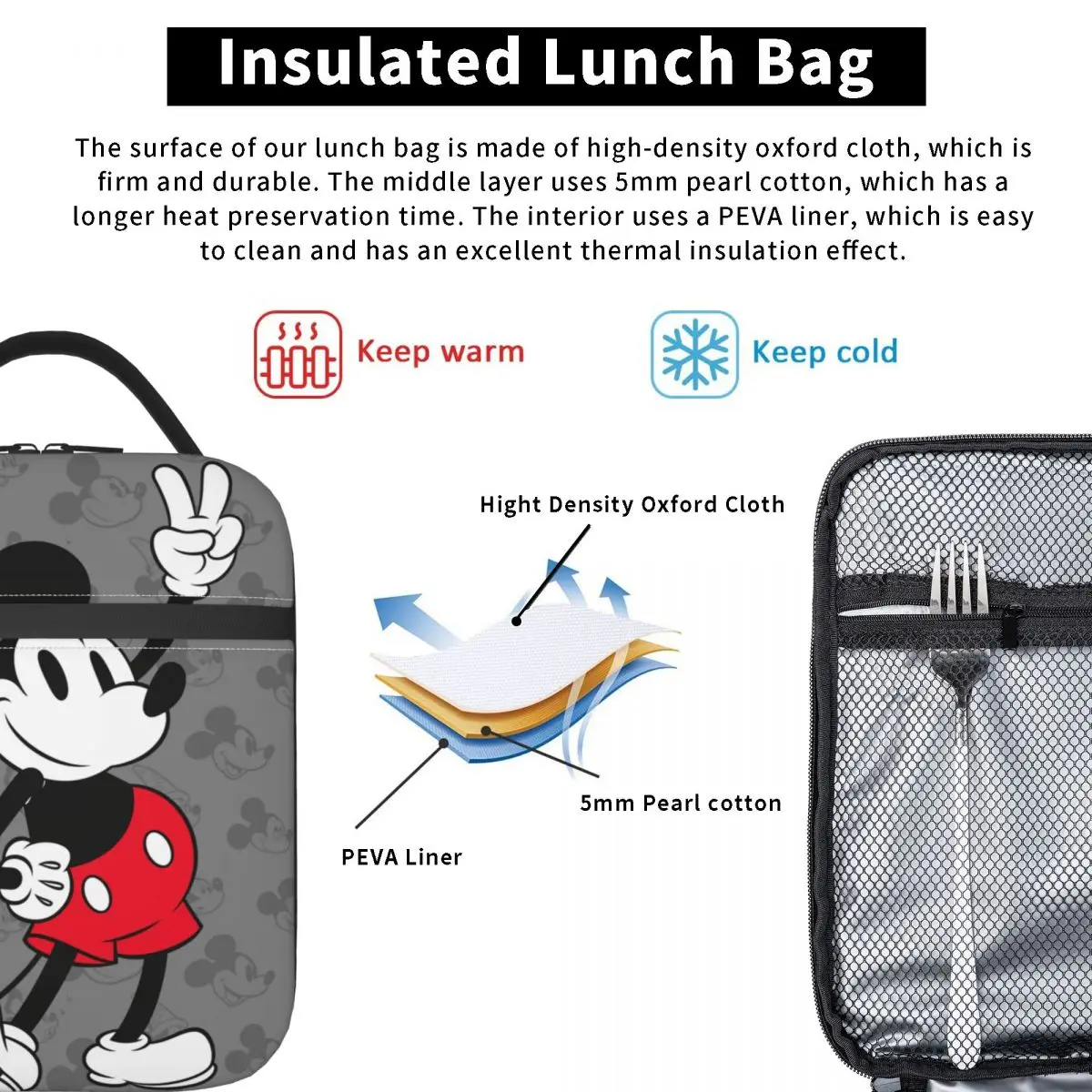 Lindas bolsas de almuerzo con aislamiento Merch de Mickey Mouse para niños, bolsas de contenedor de alimentos, fiambreras térmicas portátiles para la escuela de Picnic