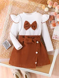 2PCS Spring And Autumn New Style For Girls 4-7 Years Old, Comfortable Fashionable And Cute White Round-Neck Top + Coffee Skirt