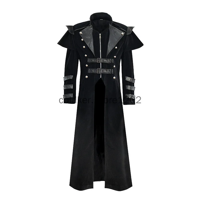 Man's Medieval Steampunk Gothic Costume Black Vintage Palace Warrior Knight Long Coat Uniform Halloween Party Outfits