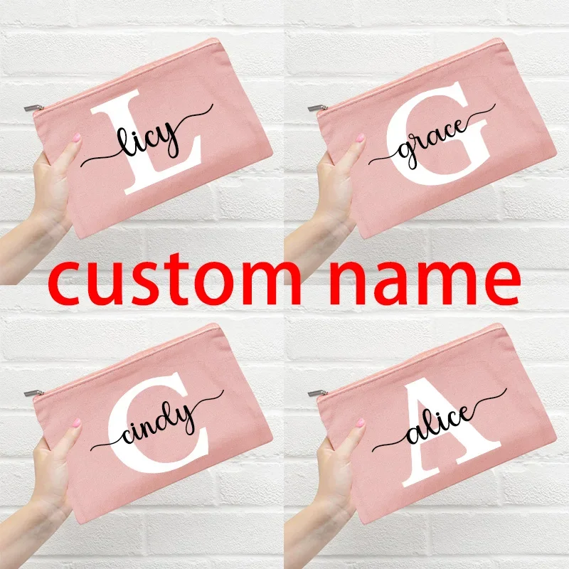 

Personalized Name Women Makeup Bag Pink Canvas Cosmetic Cases Bridesmaid Handbag Custom Name Travel Outdoor Party Wedding Gifts
