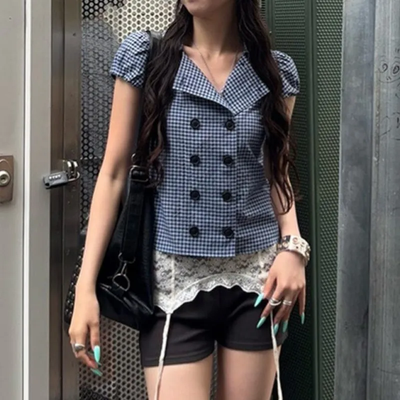 2000s Korean Retro blue and white checkered Summer Harajuku short sleeved shirt women's lapel double breasted bubble sleeve tops