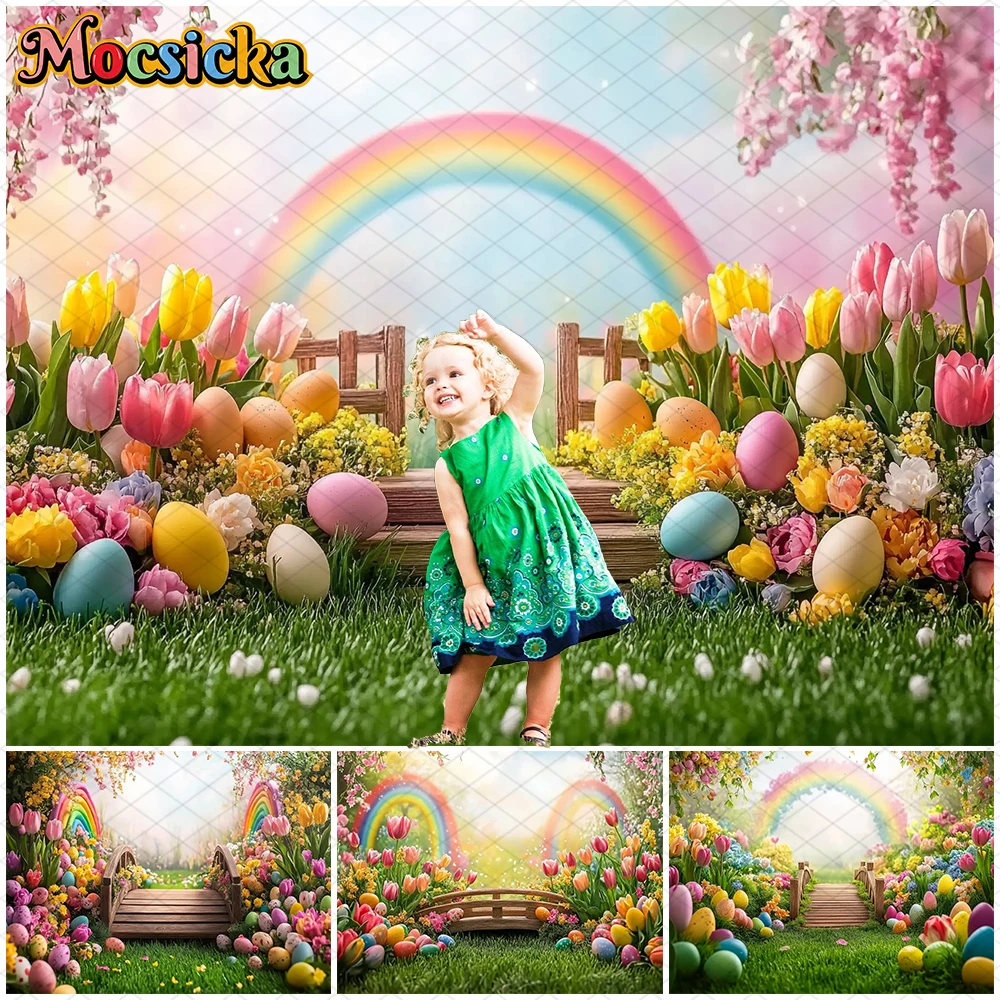 

Mocsicka Easter Photography Background Spring Rainbow Flowers Party Egg Green Grassland Decorations Baby Birthday Photo Backdrop