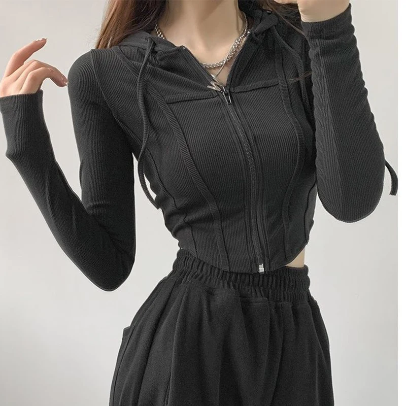Spring Autumn Casual Fashion Solid Simple Short Hoodies Ladies Long Sleeve Slim All-match Zipper Sweatshirt Women Cardigan Top