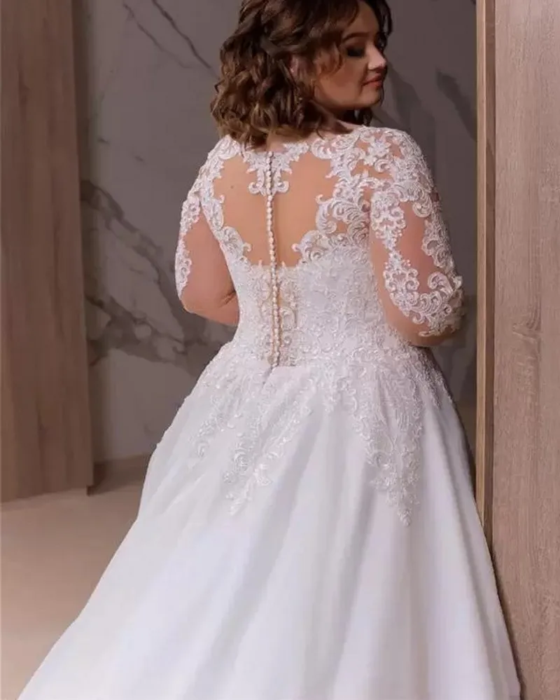 Vestidos De Novia De talla grande 2022, línea A, cuello en V, ilusión, manga larga, Apliques De encaje, tren De barrido, Vestidos De Novia