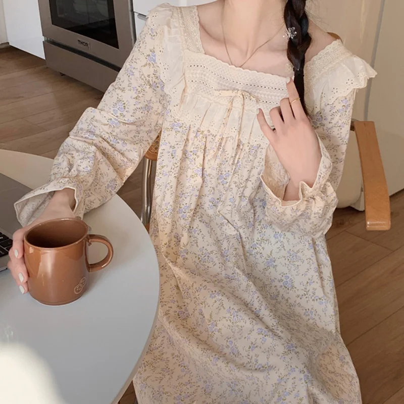 Women Korean Japan Sweet Princess Nightgowns Pure Cotton Floral Print Fairy Night Dress Summer Long Sleeve Vintage Sleepwear