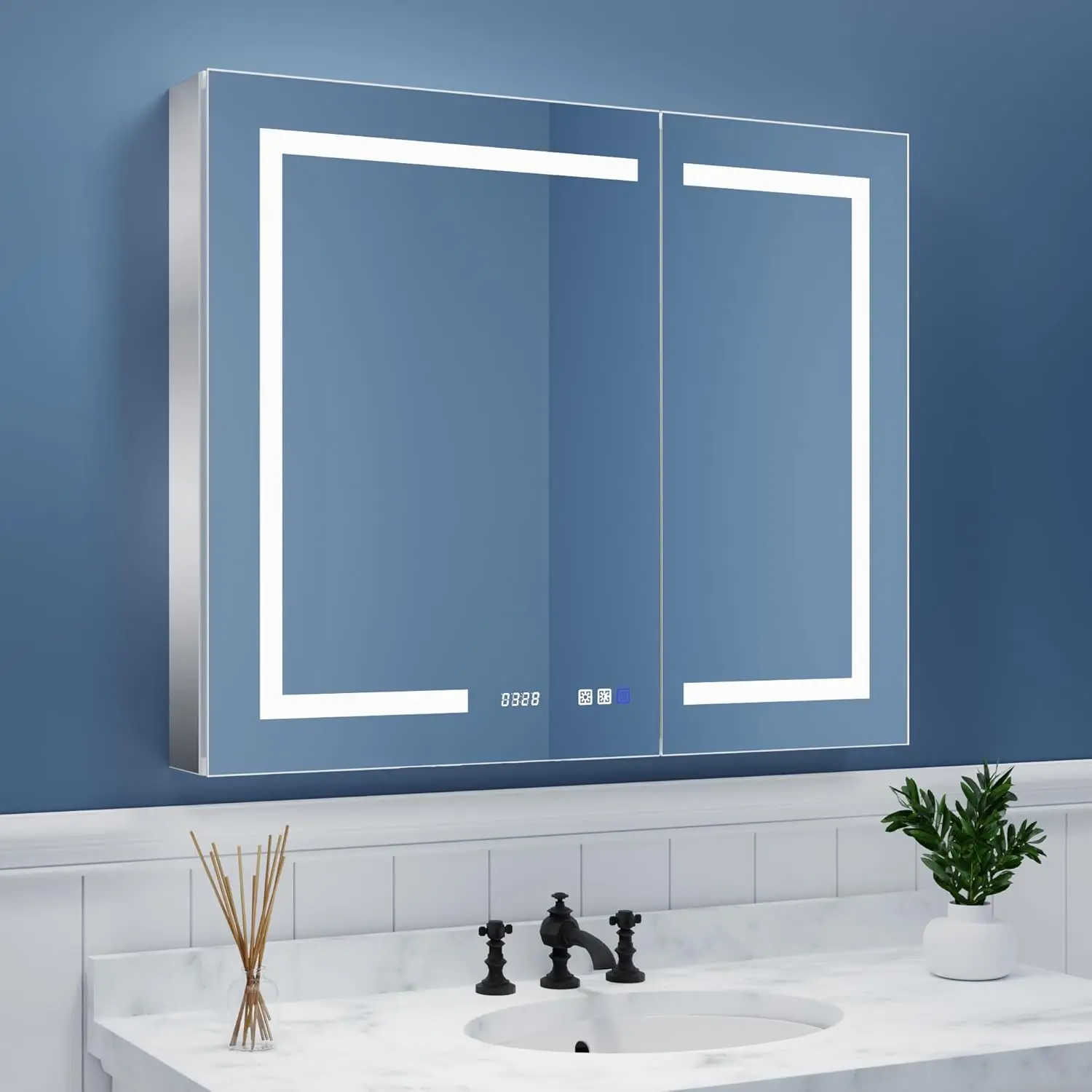 Lighted Bathroom Medicine Cabinet with Mirror, 36 x 30 Inch, Recessed or Surface led Medicine Cabinet, Clock, Room Temp Display