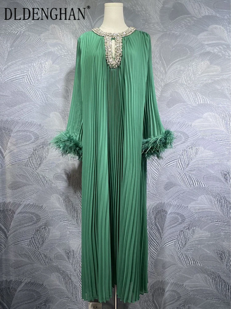 

DLDENGHAN Pleated Dress For Women Diamonds O-Neck Feathers Long Sleeve Vintage Loose Dresses Fashion Spring New
