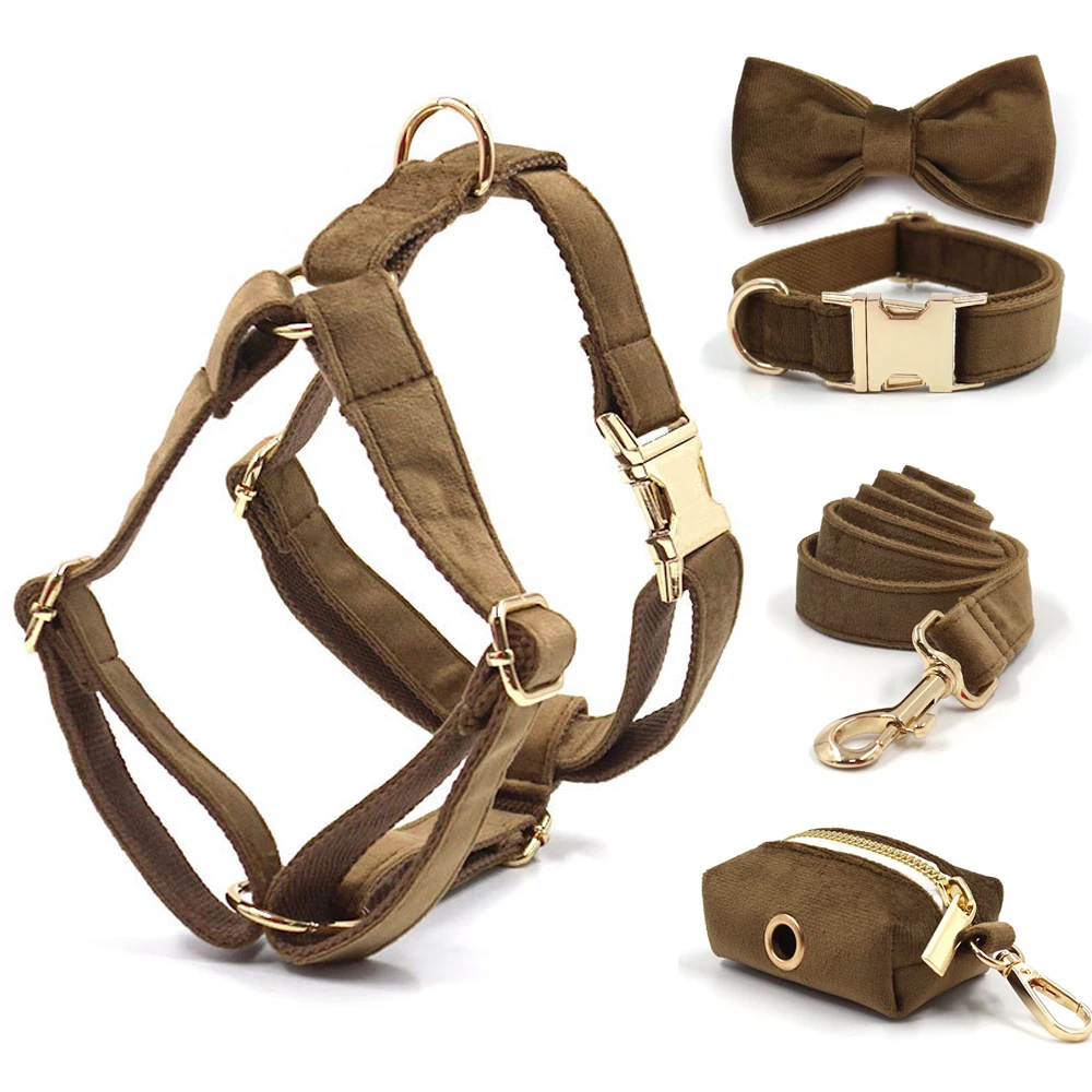 Brown Velvet Pet Collar for Dogs Personalized ID Bowtie Dog Collar Leash with Poop Bag Luxury Gold Metal Buckles Pet Supplies