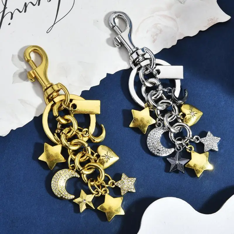 Mixed Metal Moon Star Keychain with Rhinestone, Custom Engraved Bag Charm, Aesthetic Purse Accessory, Unique Gift for Women