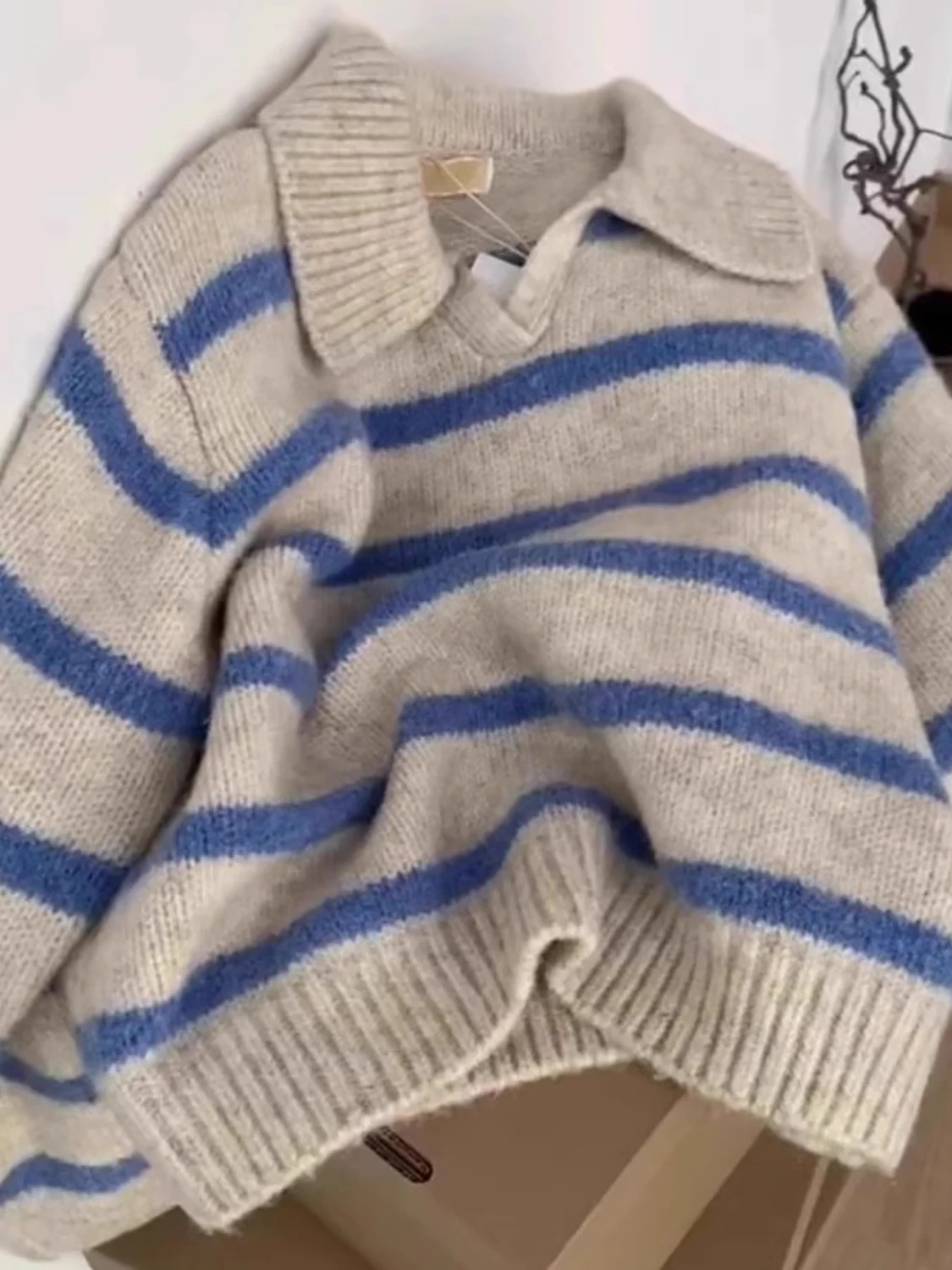 

Мягкий длинный вязаный свитер Sve Ne в синюю полоску, женский осенне-зимний ленивый ретро-накладной трикотаж, удобный крой