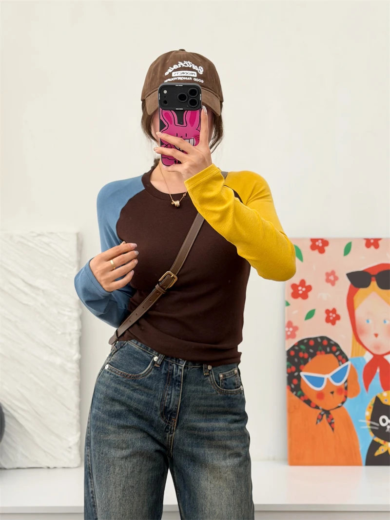 

Утепленная женская футболка с длинным рукавом в стиле ретро, с эффектом пэчворк, мягкая, эластичная, для осени и зимы