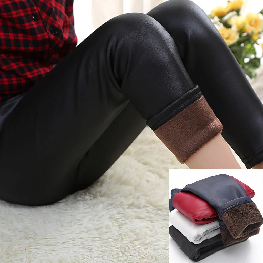 Autumn Winter Children's Pu Leather Pants Girls Warm Leggings Baby Thick Skinny Trousers Kids Clothing Girl Pencil Pants 3-12Y