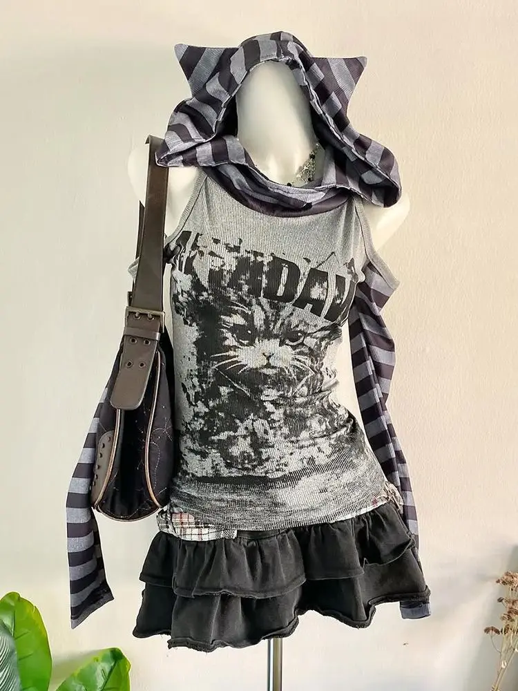 

Gagaok Американский оригинальный Y2k Millennium Spicy Girl Ретро-дизайн Sense Ниша с длинными рукавами Искусственный двухсекционный топ в полоску с открытыми плечами