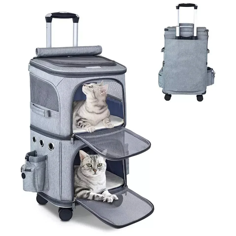 Double-Compartment Pet Carrier for Cats and Small Dogs Travel Suitcase Portable 4 Wheels Carriage Fold able Cage Bag Trolley