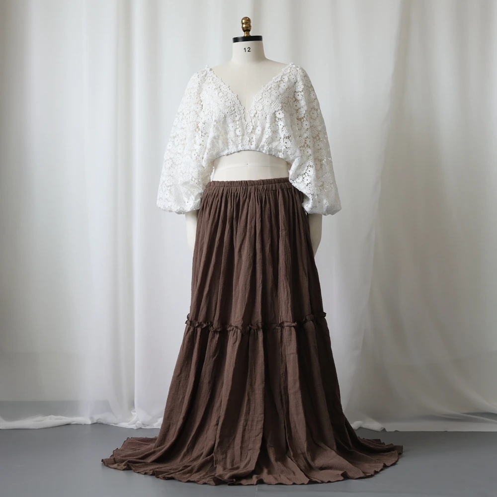 

Maternity Dress Photoshoot Deep V Neck Long Sleeve Hollow Out Embroidery Pregnancy Gown Baby Shower Outfit Two Piece Boho Style