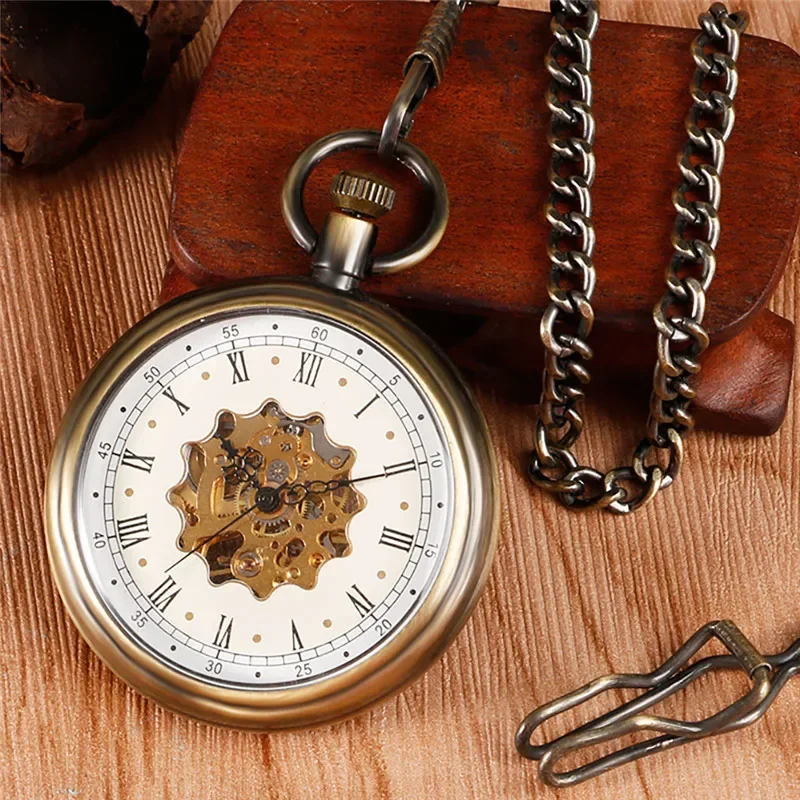 Antique Clock Men Women Mechanical Hand Winding Pocket Watch Manual Wind Up Watches Roman Number Fob Chain Relogio De Bolso