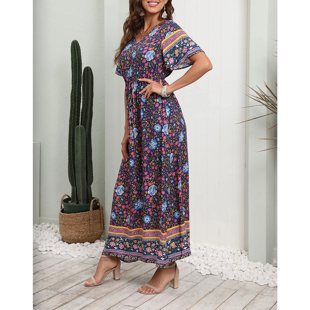 Boho z dekoltem w szpic sukienki w kwiaty kobiet na co dzień z krótkim rękawem Midi sukienka plażowa Boho elegancka moda długie spódnice damskie