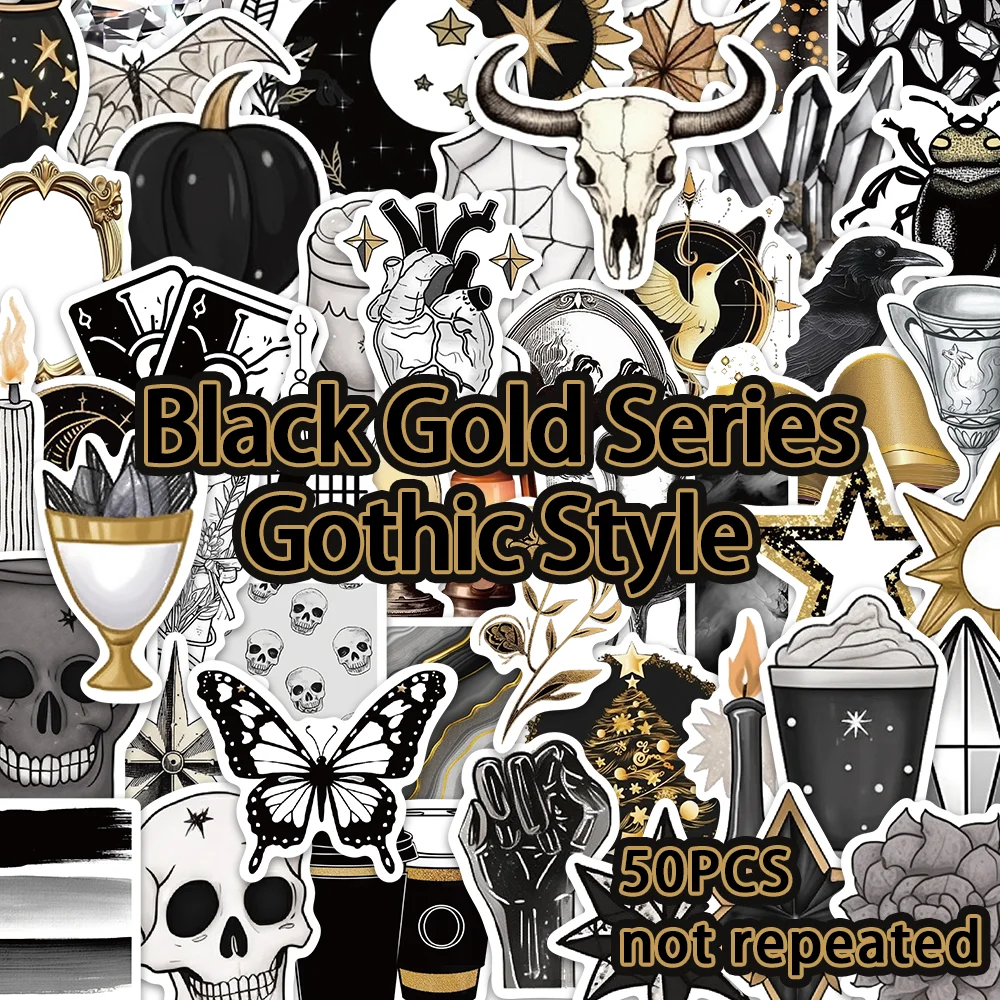 50pcs Black Gold Series Gothic Stickers Guitar Skateboard Decoration Luggage Helmet DIY Stickers PVC Waterproof