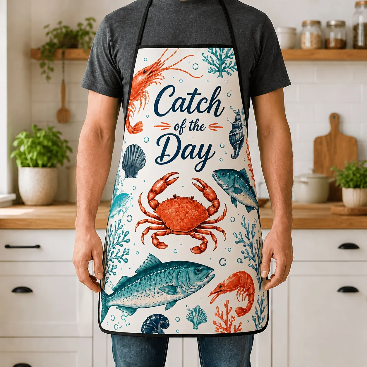 1pc 2D Flat Ocean Seafood Themed Apron, Fun Kitchen Bib Apron Suitable for BBQ, Picnic Camping and Themed Parties