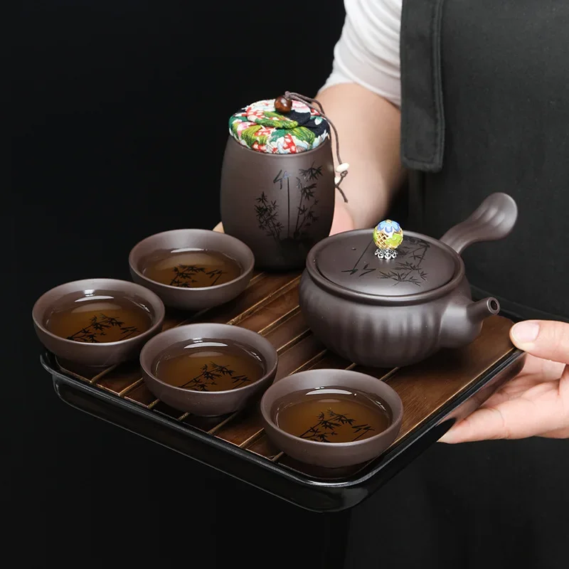 Travel Purple Clay Pot Kung Fu Tea Set Portable Pot Car Tea Tray One Pot Four Cups Chinese Luxury Tea Ceremong Gift Set Teapot