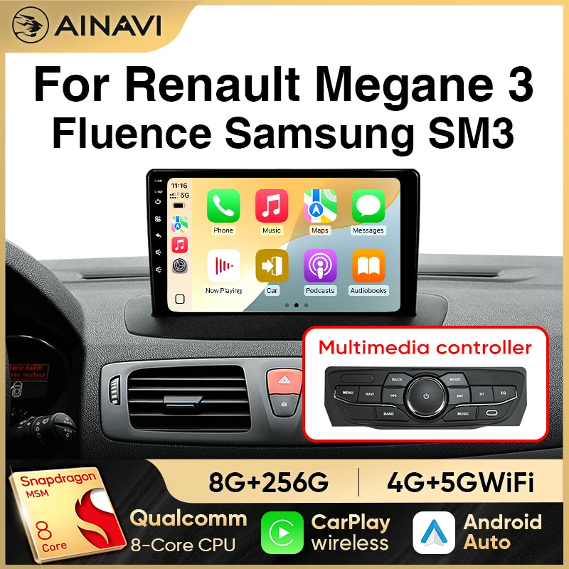Radio Multimedia Ainavi para Renault Megane 3 Fluence Samsung SM3 2008 - 2014 Android 12 Carplay Inalámbrico DSP 48EQ 2 Din