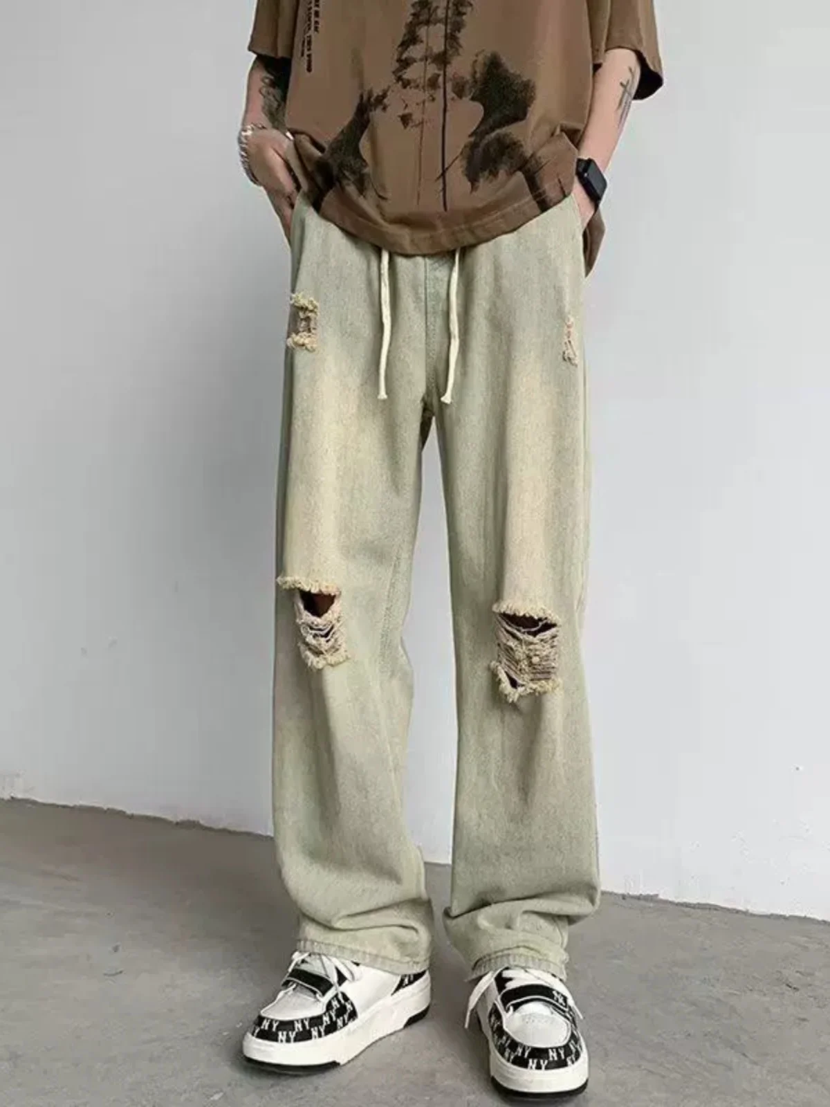 

Ripped Loose Straight Leg Casual Jeans Men's Summer Mud Color American Retro High Street Cool Straight Tube Long Pants