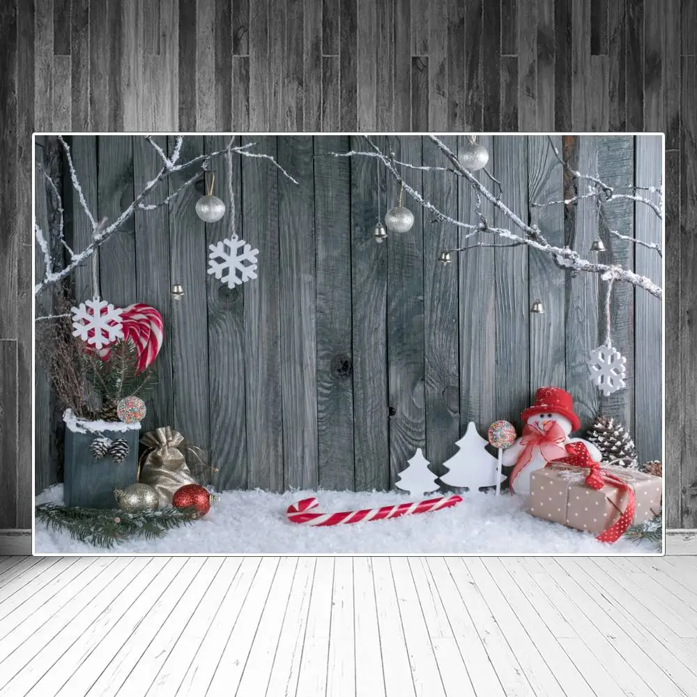 Christmas Snowman Balls Branches Wooden Planks Snow Floor Photography Backgrounds Custom Baby Party Decoration Photo Backdrops