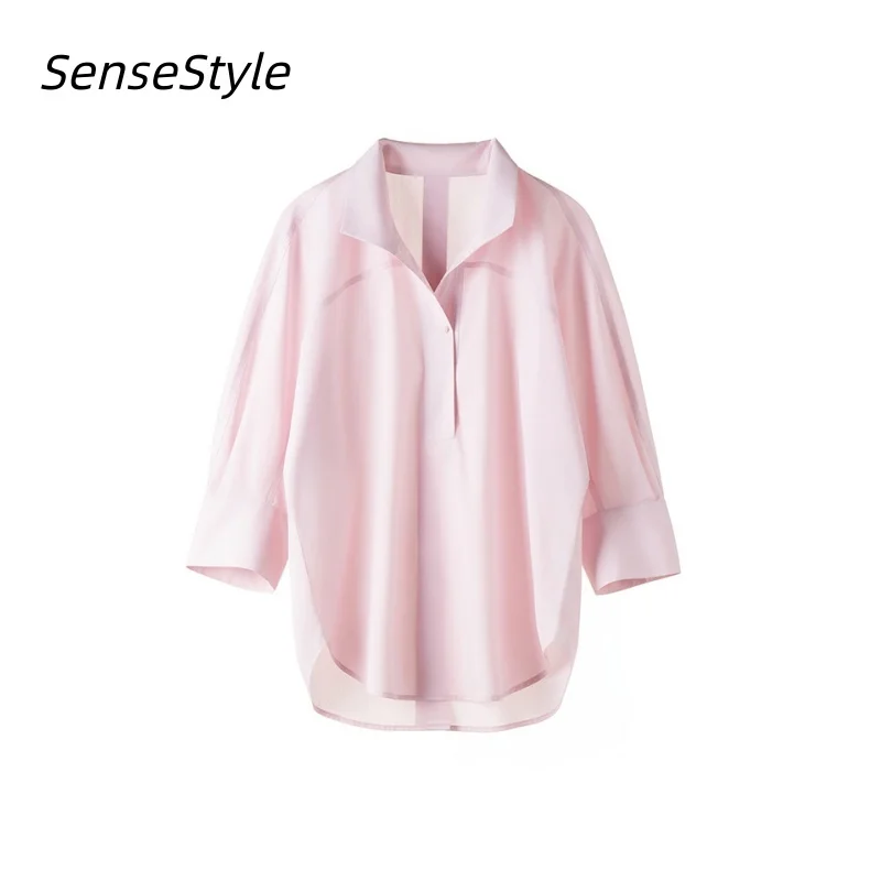 

Stand Collar Oversized Shirts Spring Summer Three-Quarter Sleeves Loose Cool Non-Iron Shirt