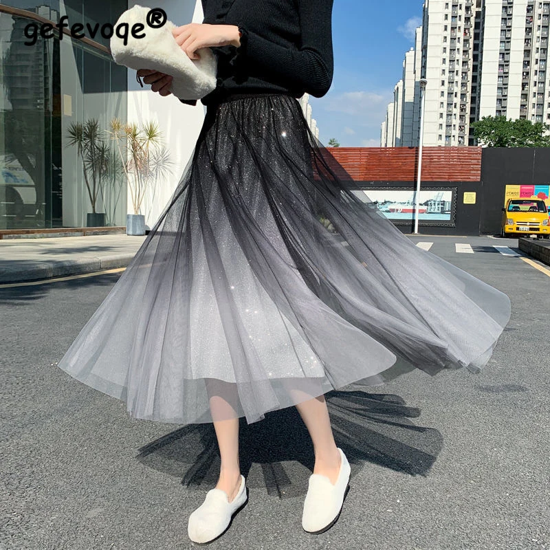 Summer New Casual Fashion High Waist Starry Sky Gradient Sequins Mesh A-line Skirt Women Elegant All-match Fairy Pleated Skirts