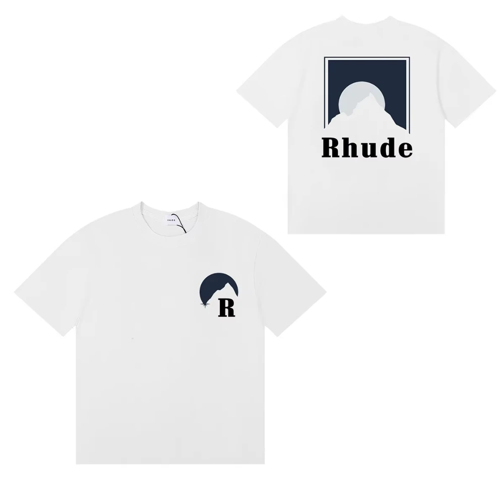 2026 Rhude Unisex Mountain Sunset Graphic T-shirt Oversized Short Sleeve Tee Vintage Nature Loose Summer Cotton Trendy Top