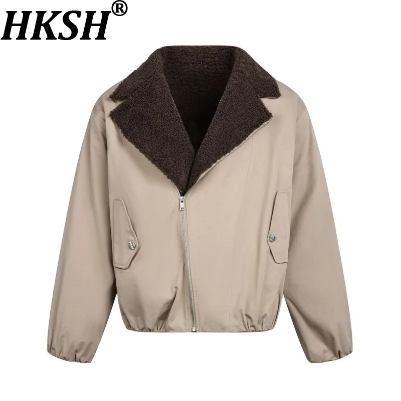 

HKSH Winter New Women Short Padded Coat Turn-down Collar Faux Fur Patchwork Zipper Pockets American Retro Wadded Jackets HK13608