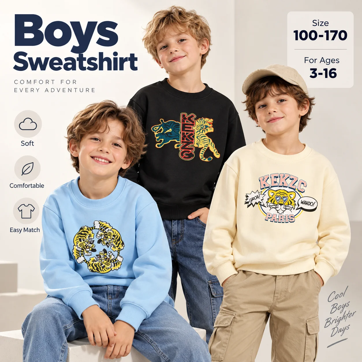 fashion Baby Boys sweatshirt Kids winter clothing Cartoon tiger print long sleeves Children pullover Teen streetwear casual wear