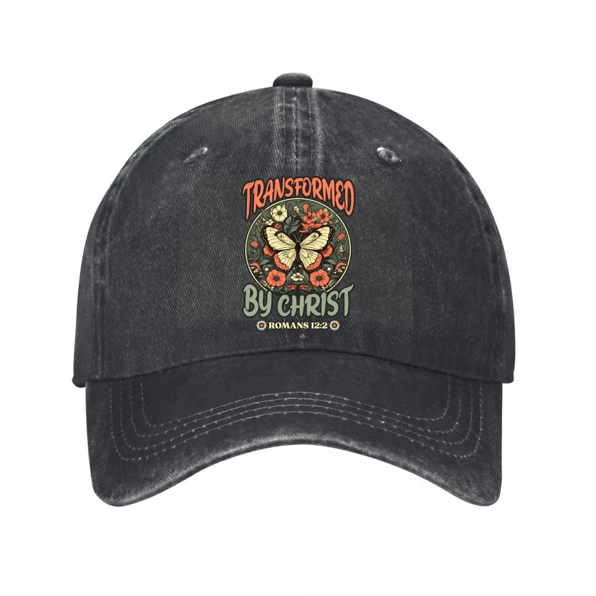Transformed By Christ Butterfly Floral Romans 12 2 Christian New Vintage Washed Cotton Baseball Cap Sun Hats