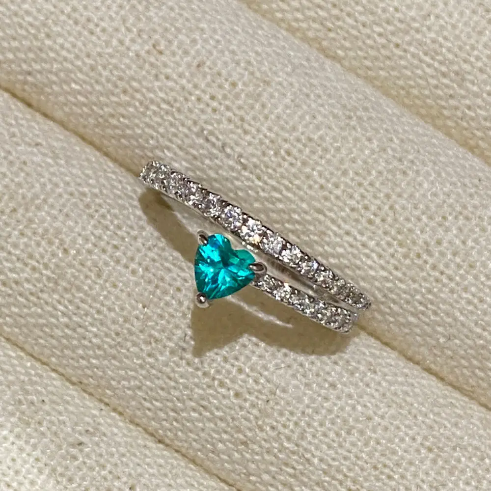 SONGYUN High Carbon Gemstones Jewelry S925 Sterling Silver Heart‑Shaped Paraiba Simulated Diamond Open Ring, Adjustable Love