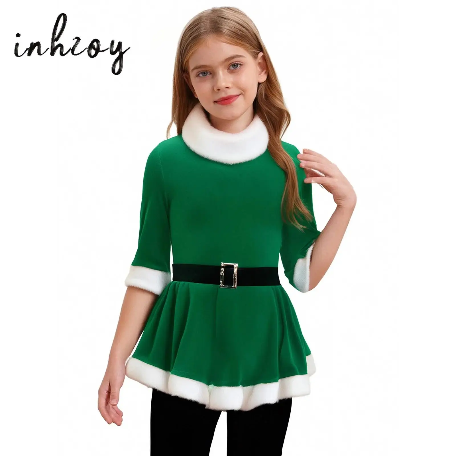 

Girls Christmas Party Santa Claus Cospaly Costume Velvet 3/4 Sleeves Keyhole Back Figure Ice Skating Ballet Dance Leotard Dress