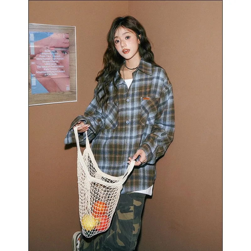 QWEEK Vintage Plaid Shirt American Retro Streetwear Casual Youth Women\'s Blouses Harajuku Long Sleeve Button Up Clothes Autumn