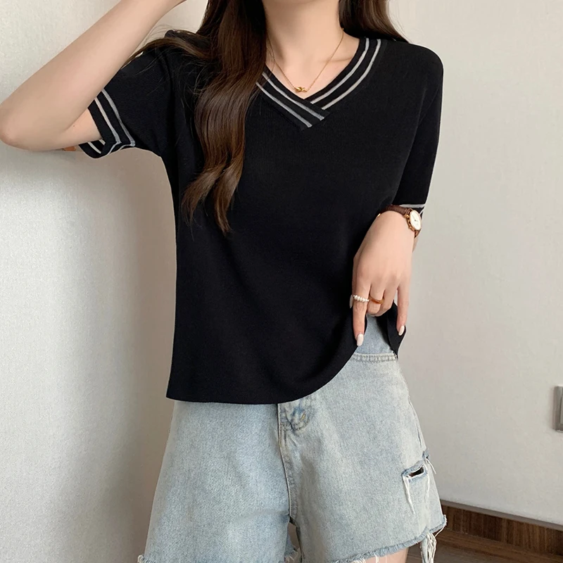 2023 Summer Elegant Knitted Pullover Sweaters Women Short Sleeve V-neck Knitwear Fashion Korean Soft Ladies Jumpers Tops