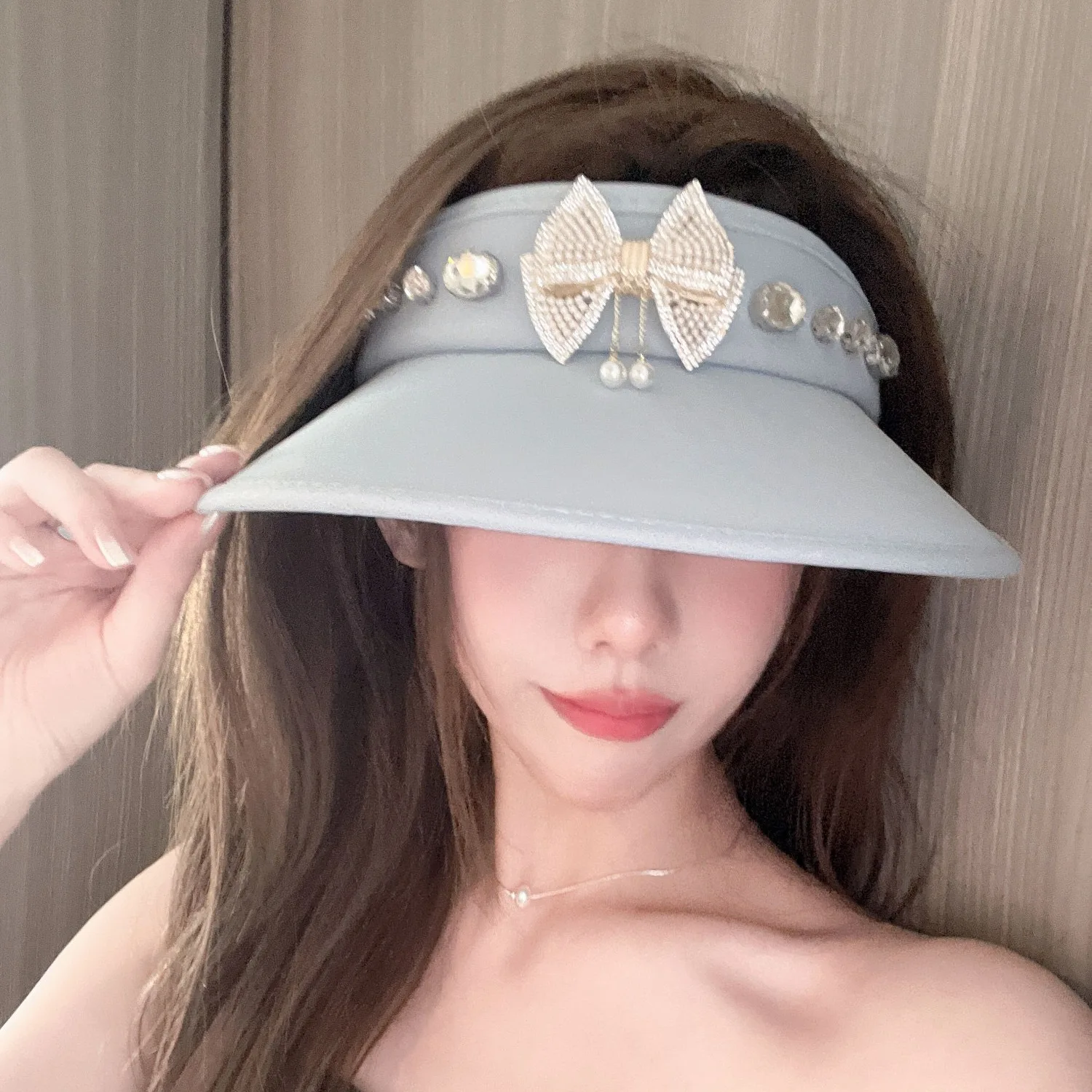

2025 New! Women's Blue Double - Sided Ice Silk Sunscreen Hat - Empty Top Design with Bow, Rhinestone & Pearl Princess Headband