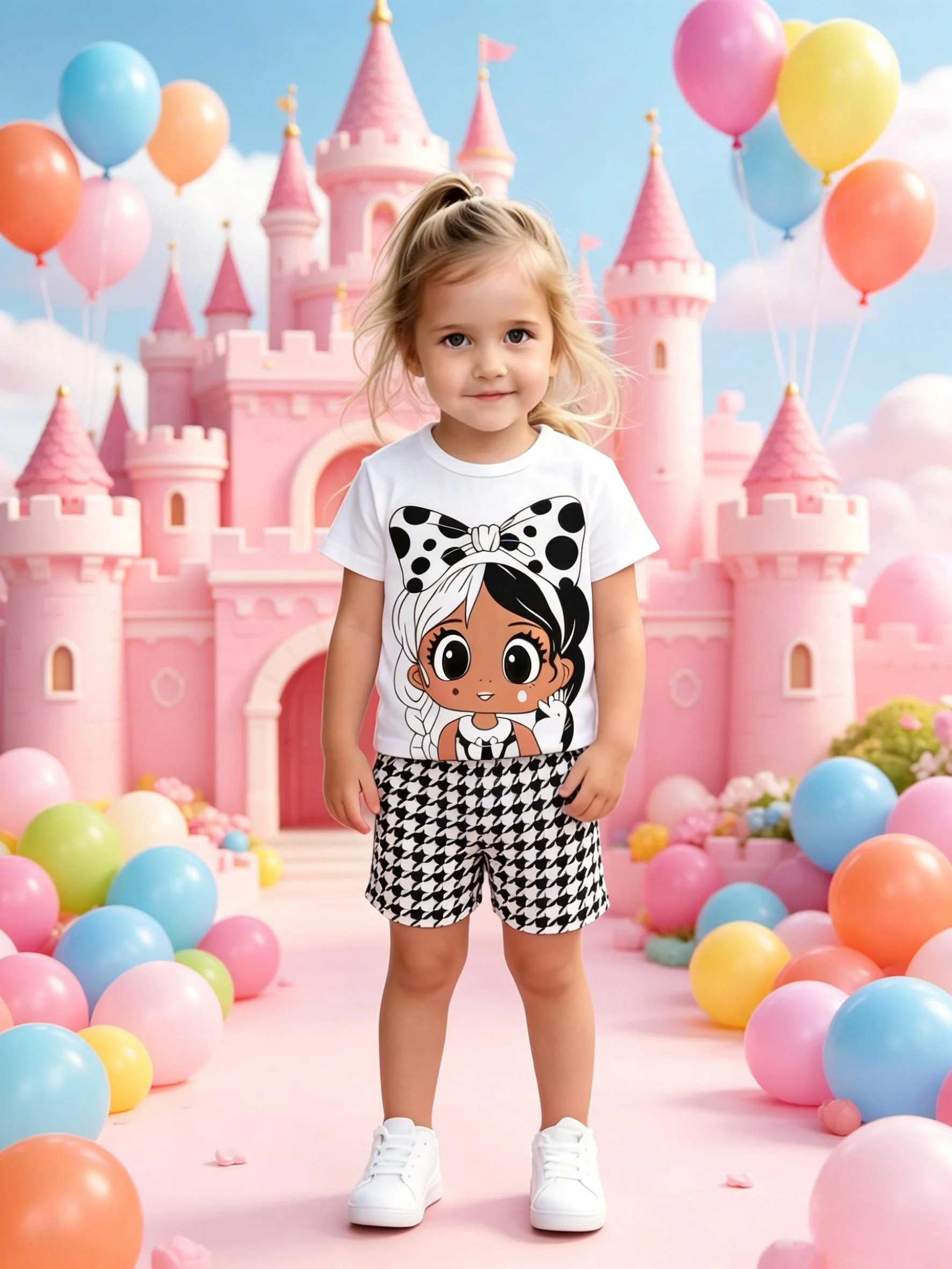 Cartoon Girl Print Set Girls White Short Sleeve Houndstooth Shorts Sweet Cool Style