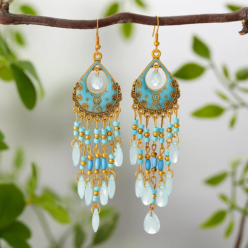 Bohemian Ethnische Lange Antik Gold Farbe Emaille Wasser Tropfen Ohrringe für Frauen Bunte Reis Perle Quaste Ohrring Pendientes Mujer – Detail 10