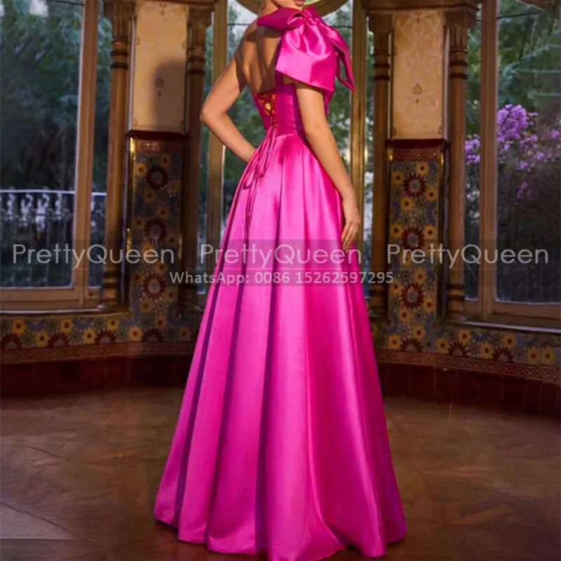 Hot Pink Long Bridesmaid Dresses Bow One Shoulder A Line Side Split Customized Sleeveless Wedding Party Dress For Women