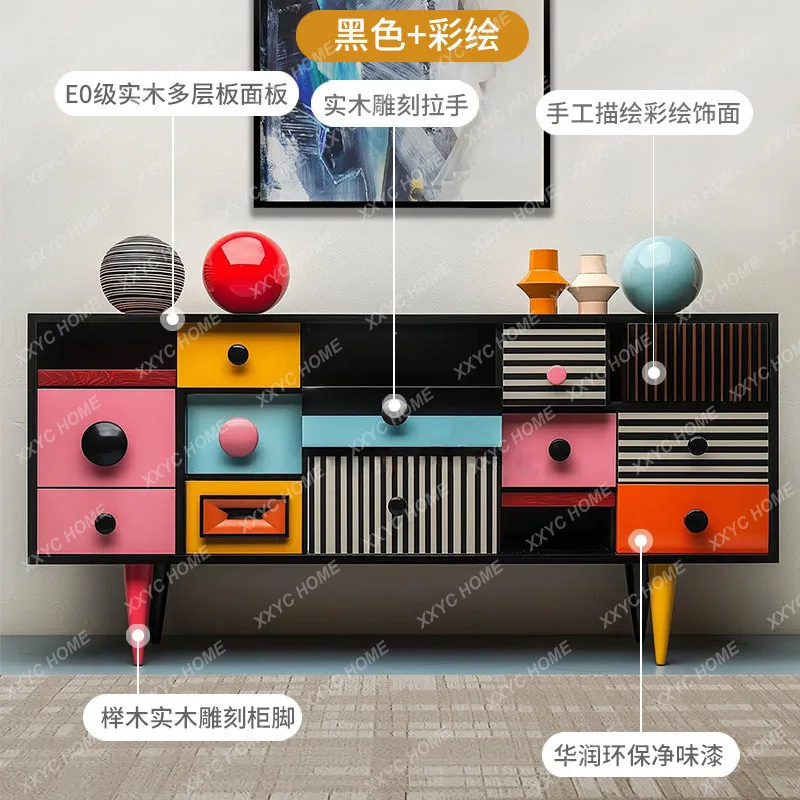 Retro painted dining side cabinet, living room wall decorative cabinet, solid wood hand-painted drawer cabinet, storage porch