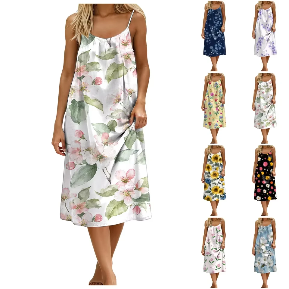 

Women'S Casual Sling Dress Pocket Tank Dress Flowers Graphic Dress U Neck Holiday Beach Loose Vest Dress Women Fashion Dress