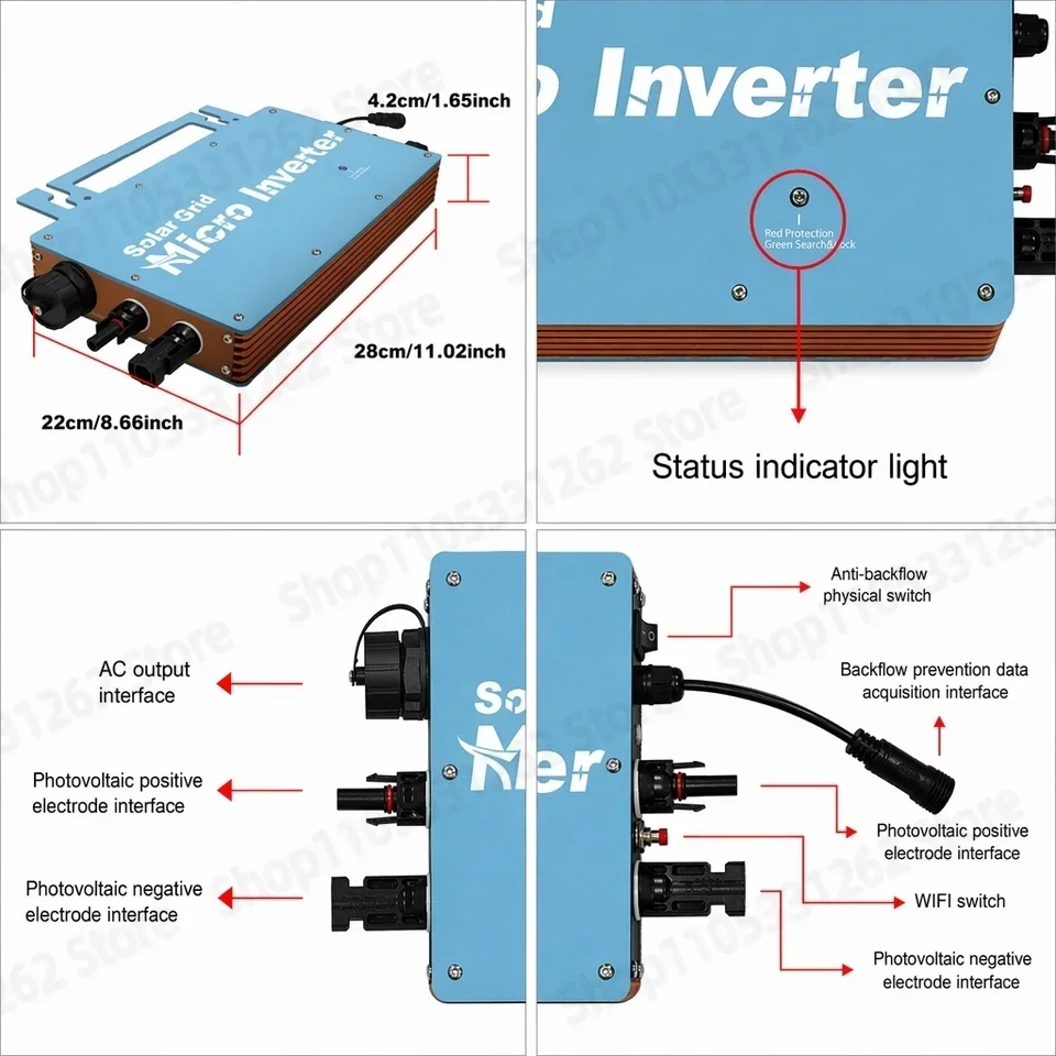 Grid Tie Micro Inverter 350W-2800W MPPT Anti-Reverse, IP66 Waterproof Plug and Play 36V Battery for Home Balcony Solar GT1000W
