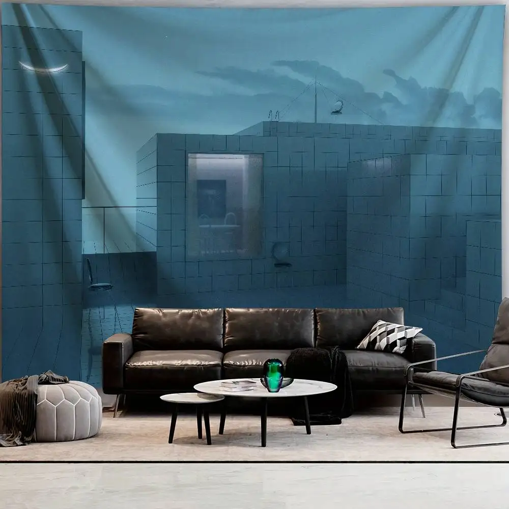 Cool Dreamcore Style Tapestry, Surreal Liminal Space Abandoned Indoor Scene Blue Mysterious Liminal Aesthetic Wall Home Decor
