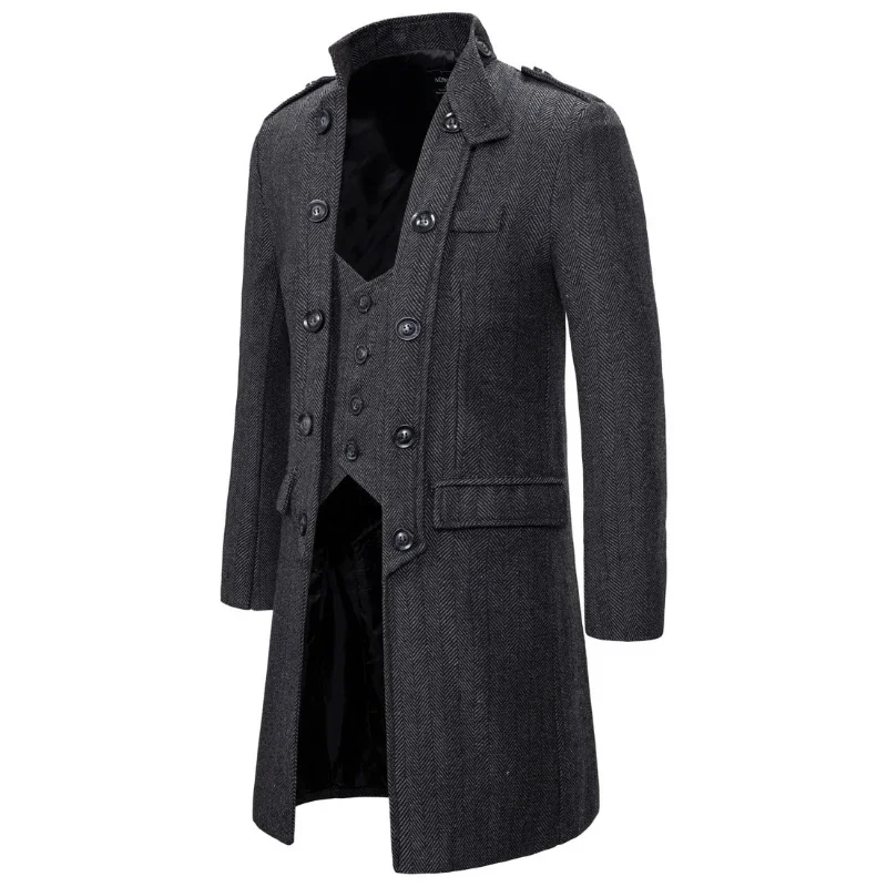 British Style Men's Trench Coat, Classic Long Overcoat with Fake Two-piece Plaid Woolen, Ideal for Dress or Casual Wear